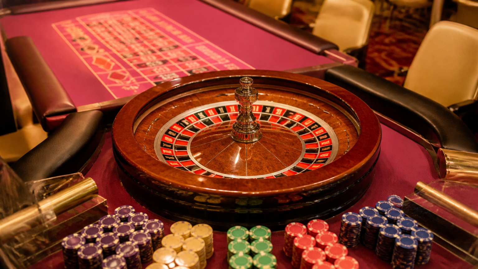 Casino betting table with roulette wheel and chips