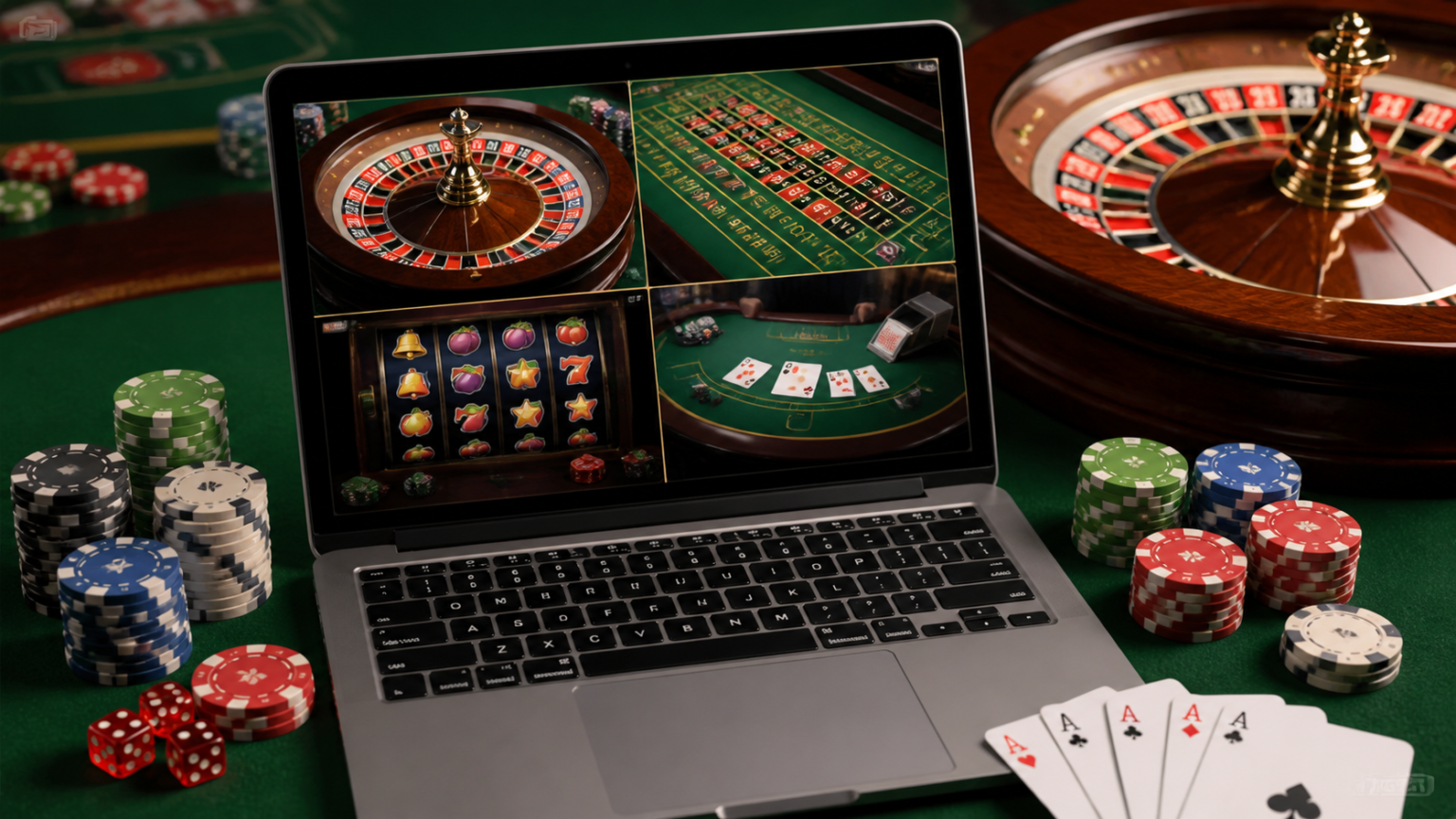 オンカジ初心者必見!安心して楽しむためのカジノ選びガイド Laptop with online casino games and roulette wheel