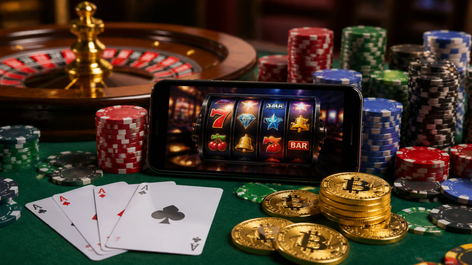 Crypto casino games on a smartphone with cards and digital coin payment elements