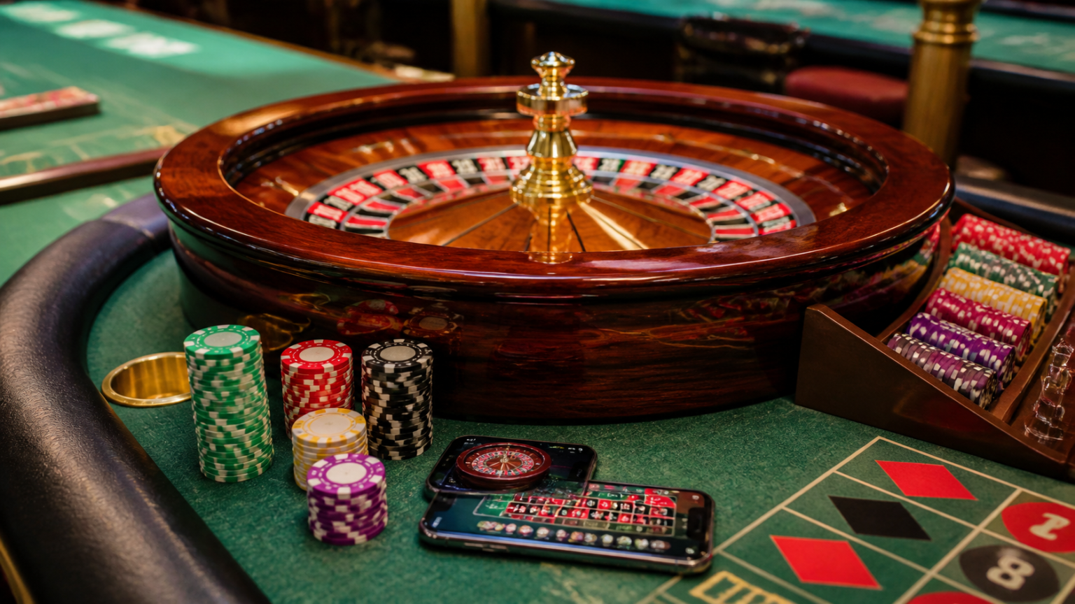 Casino scene with phone showing online betting platform