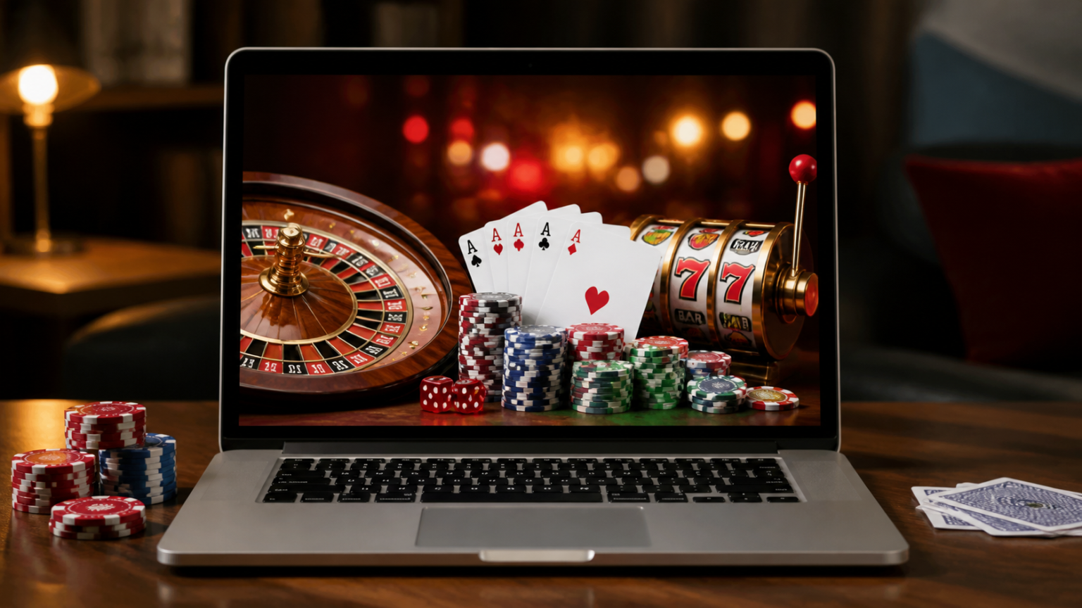 Poker กับ AI และเทคโนโลยีใหม่ ที่กำลังเปลี่ยนแปลงวงการเกมออนไลน์ Schermo con un casino online e simboli di gioco