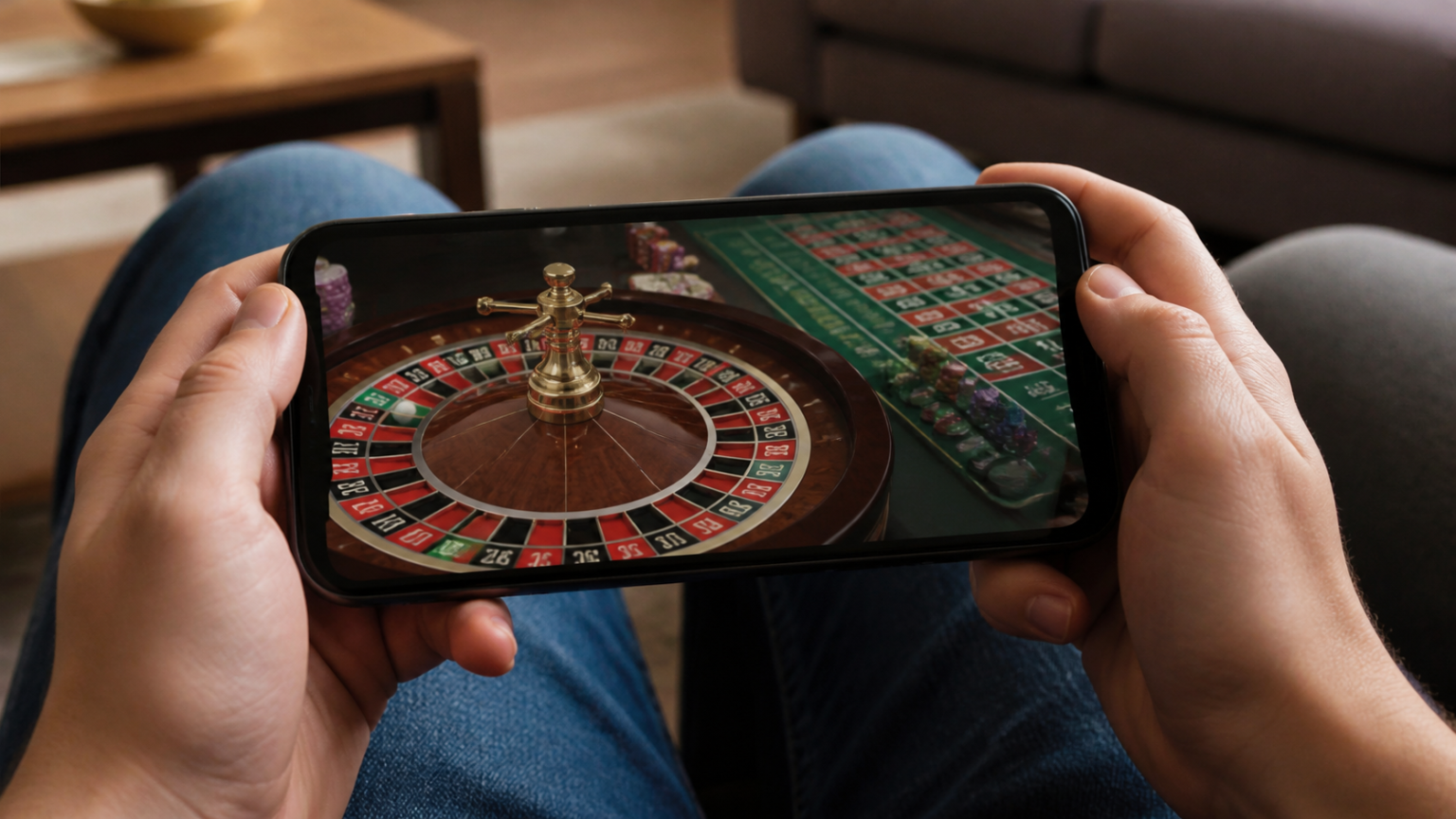 Điện thoại hiển thị trò chơi roulette casino trên màn hình