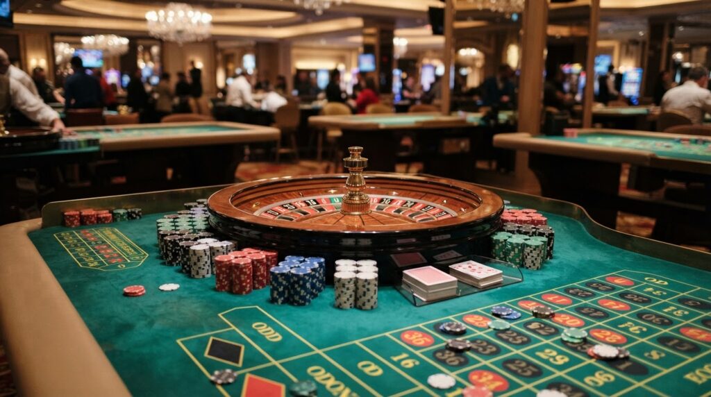 คาสิโนออนไลน์ไทยและ Slots Casinos: ทำความรู้จักประเภทเกมและฟีเจอร์ต่าง ๆ บรรยากาศโต๊ะเกมและวงล้อรูเล็ตในแพลตฟอร์มคาสิโน