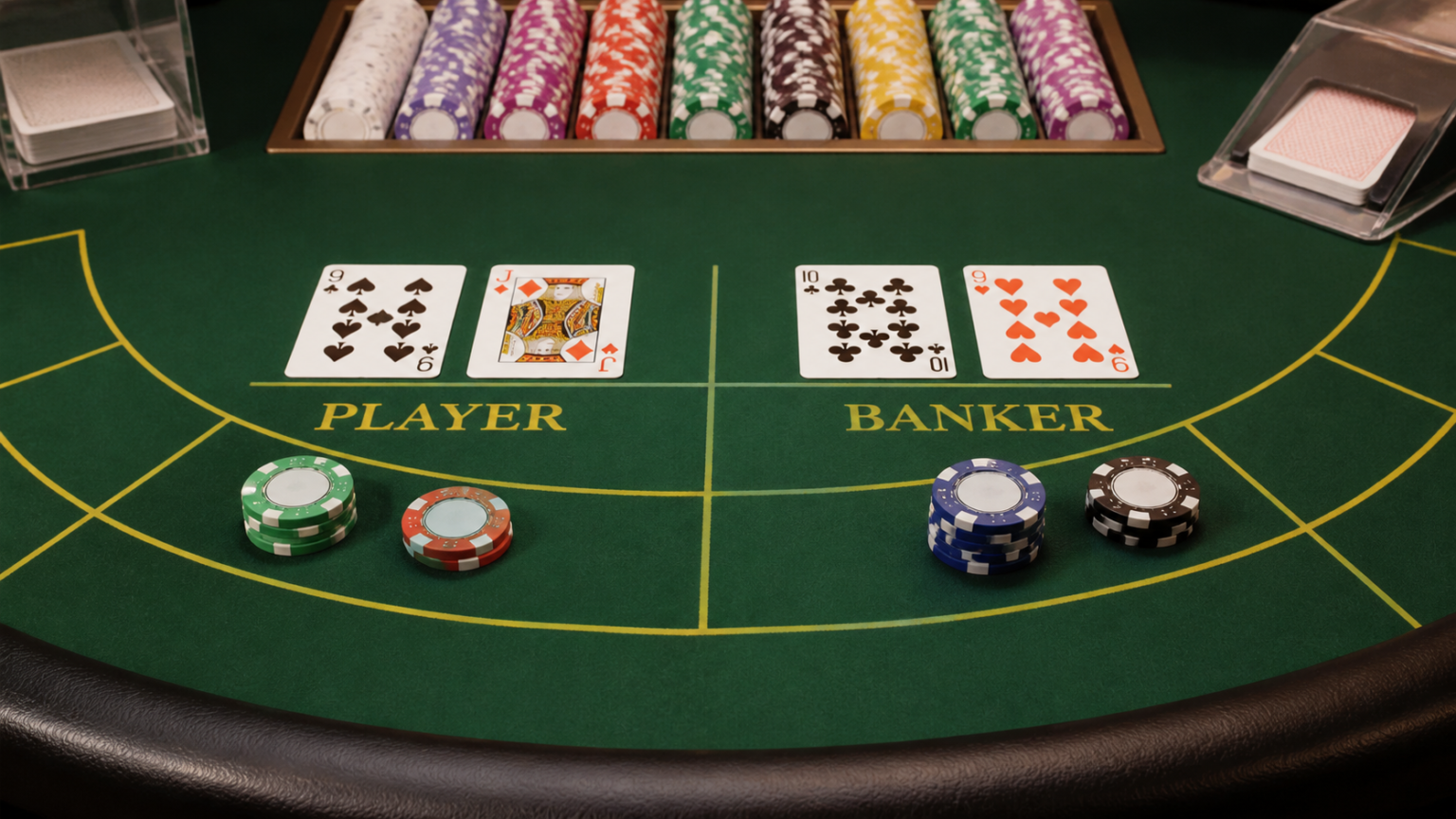 game bài baccarat: cách chơi và đọc bàn cược Bàn baccarat với bài, phỉnh và các cửa cược Nhà cái, Người chơi