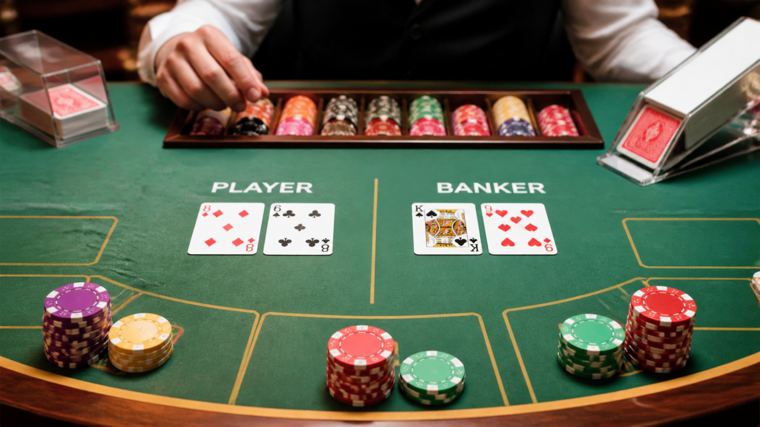 Bàn baccarat với bài tây, phỉnh và các cửa cược Player, Banker