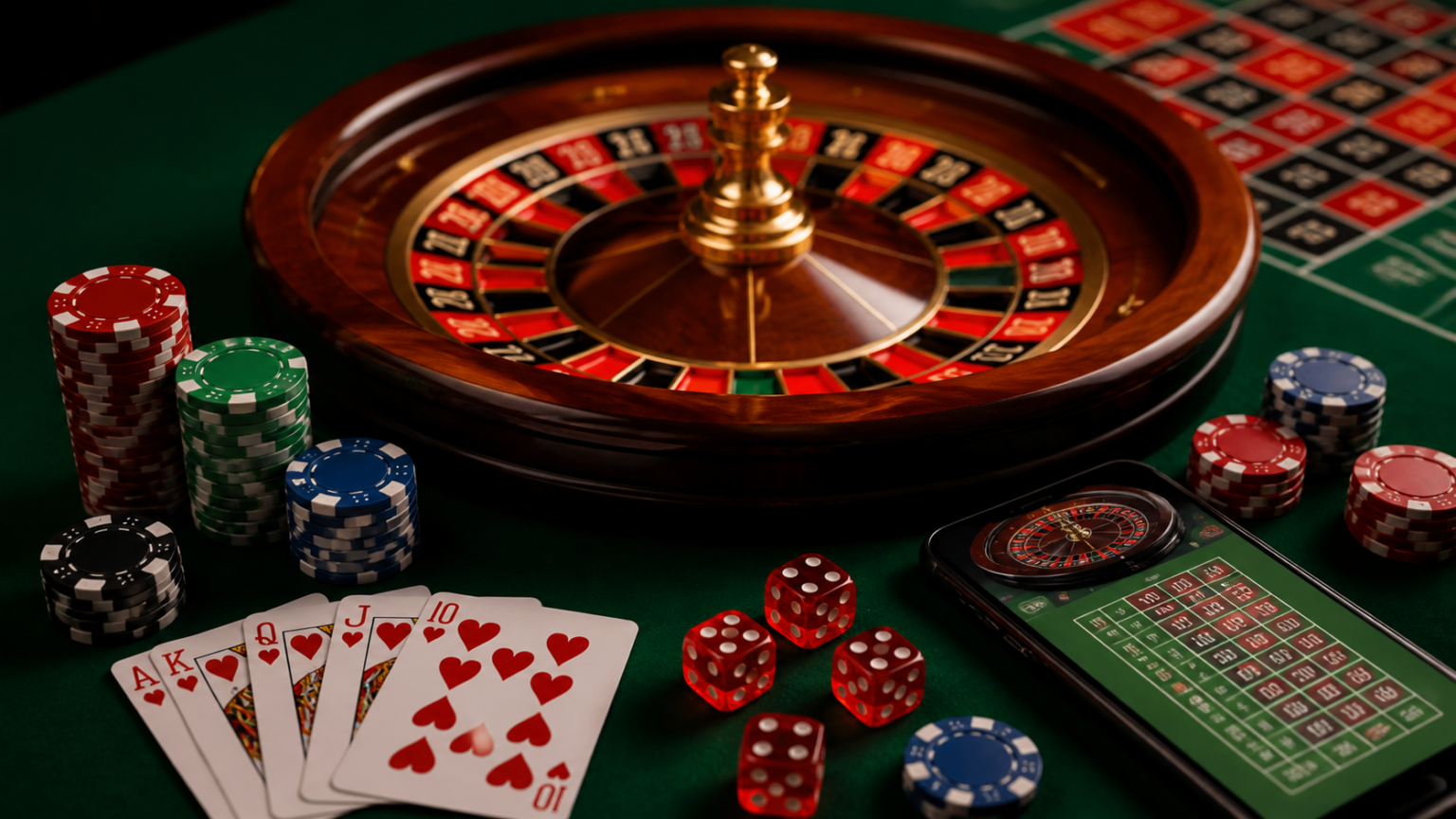 Casino gaming setup with roulette wheel, cards, dice, and smartphone