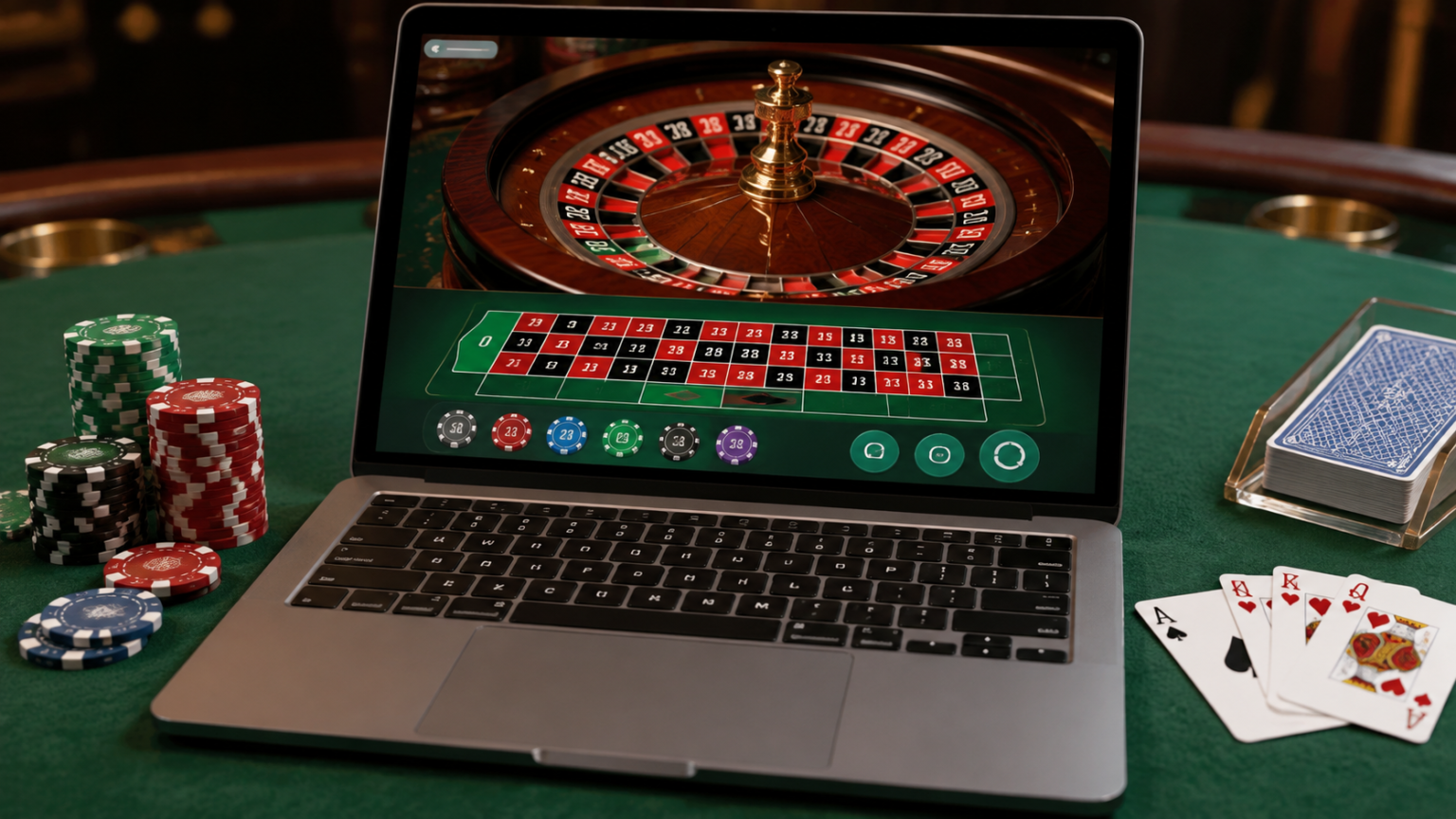 How to Assess a trusted online casino Singapore Listing Laptop showing an online casino roulette game beside playing cards and casino chips on green felt