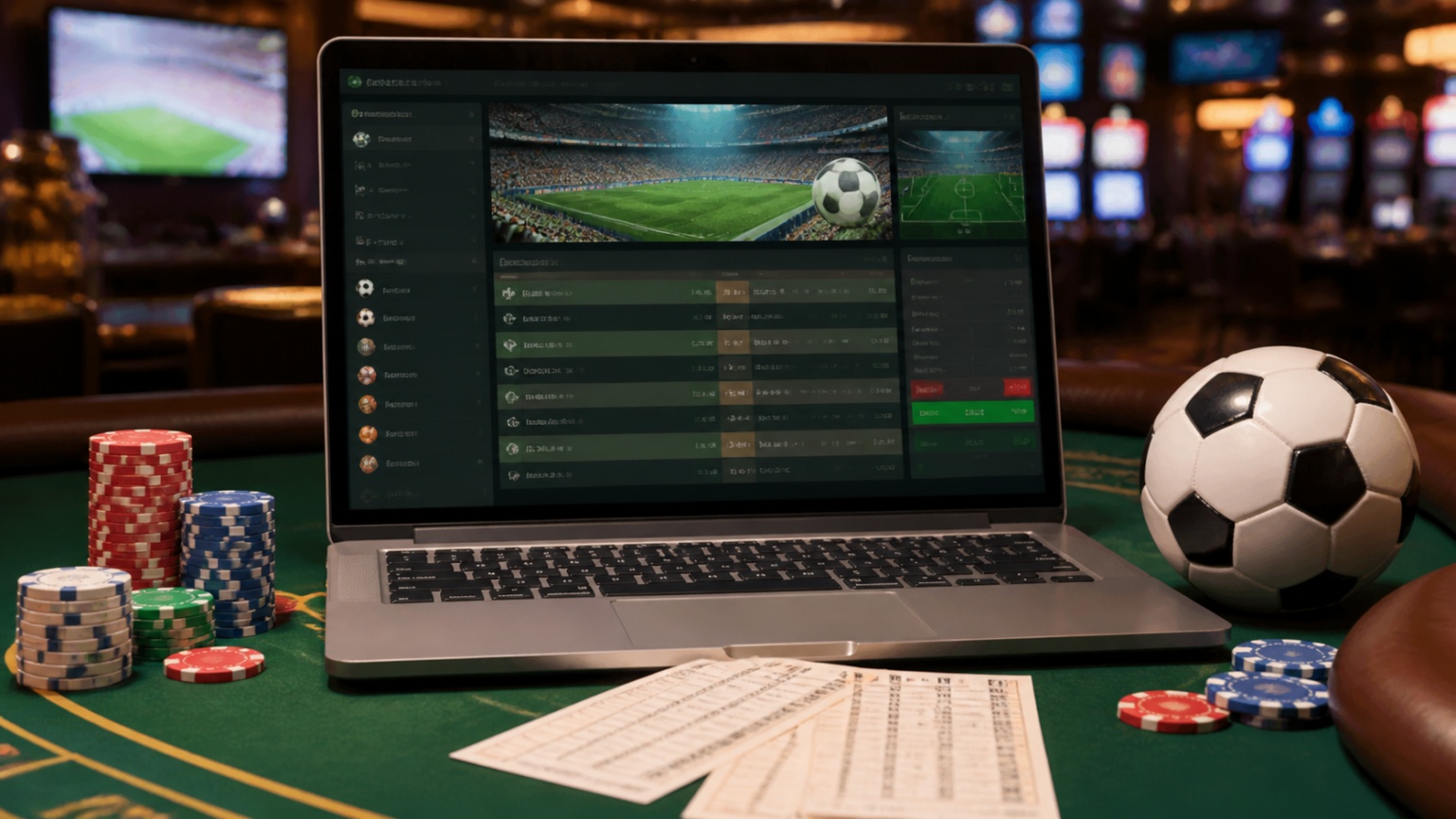 Laptop showing an online betting site with casino chips and betting slips