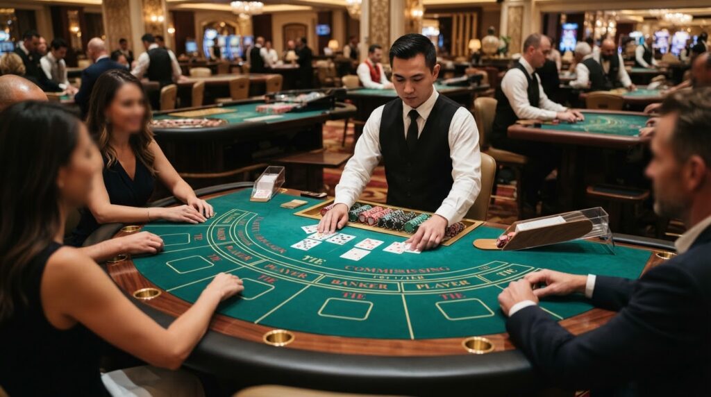 Bàn bài baccarat chuyên nghiệp tại sòng bài với các lá bài và phích cược