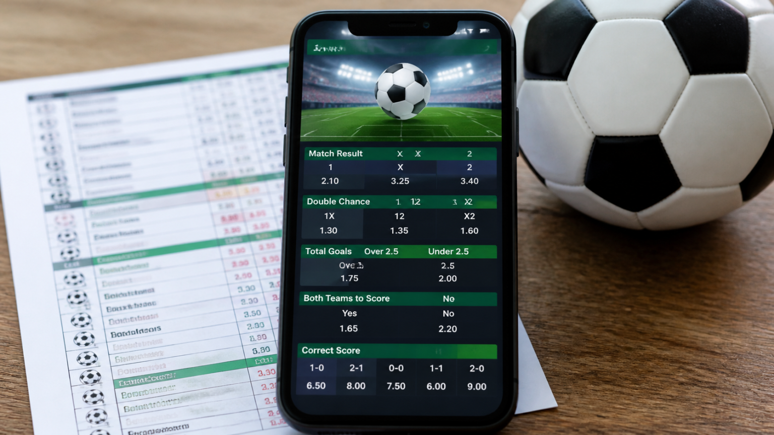 Smartphone showing a sports betting interface with match odds beside a sports schedule