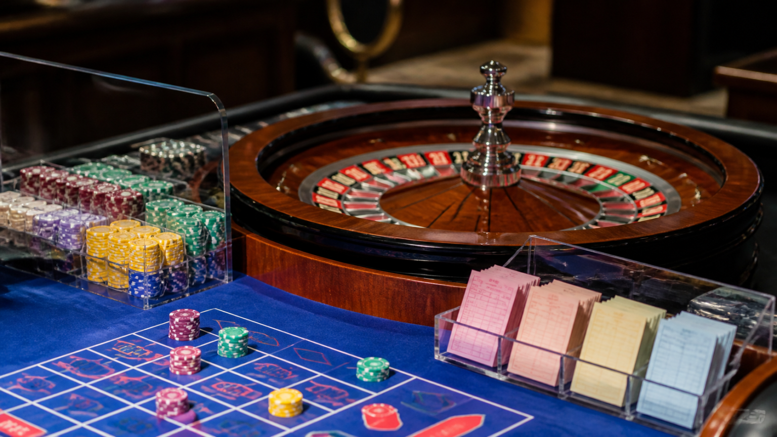 Casino betting counter beside a roulette table